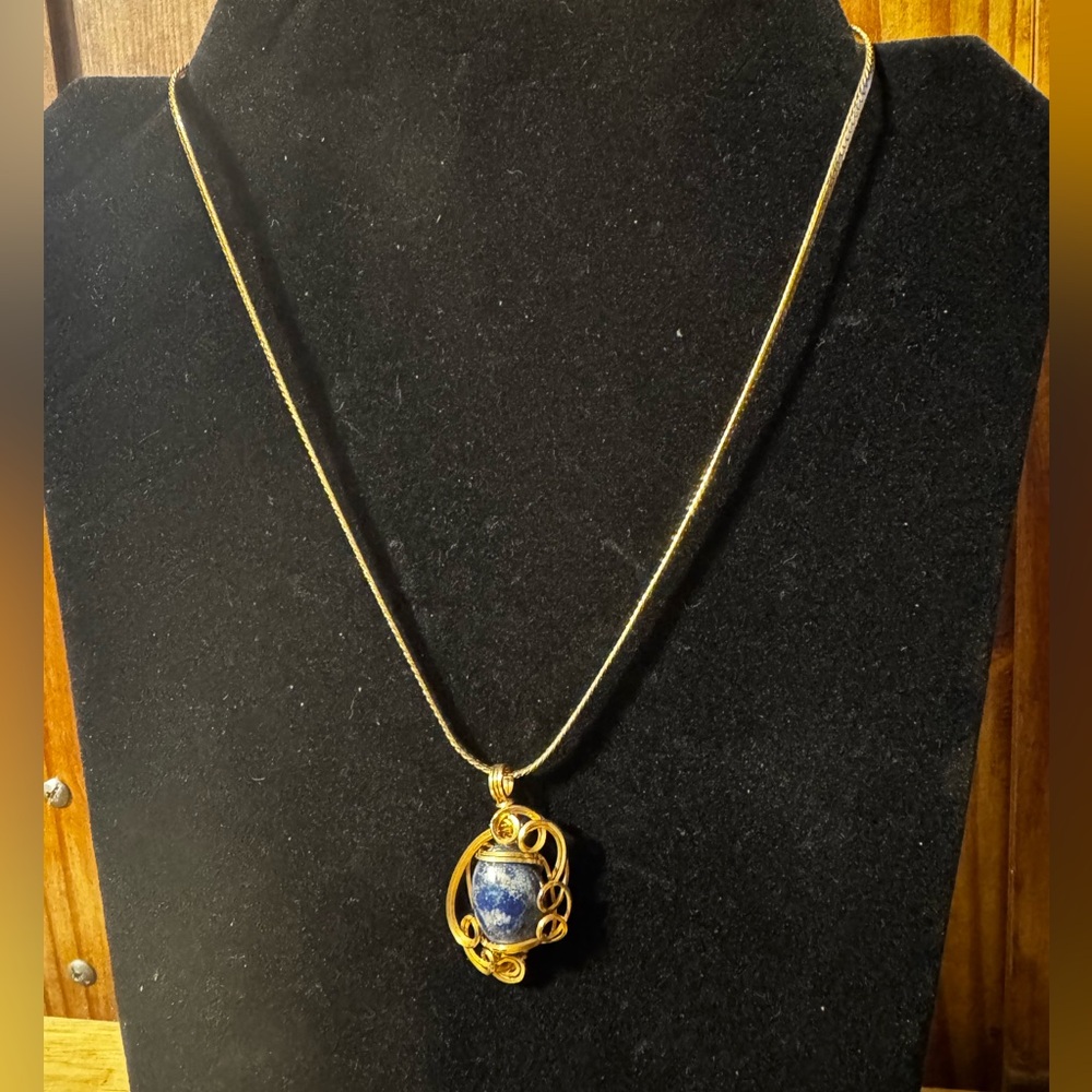 Gold Tone Sodalite Wire Wrapped Pendant Necklace